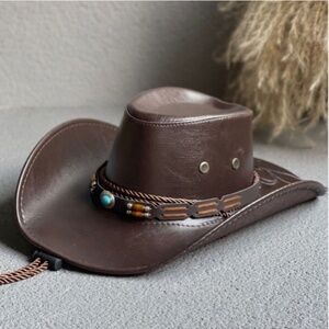 Women’s Brown Cowboy Western Bucket Rodeo Faux-Leather Hat with leather blue sto